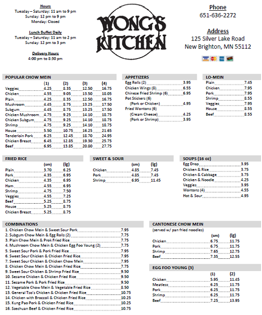 Wongs Kitchen Menu